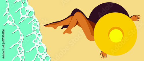 vector bright sunny illustration of a beautiful tanned girl in a yellow swimsuit sunbathing on the beach in a big hat on the sea or ocean. sea waves. top view. elements isolated. summer vacation.