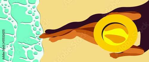 vector bright sunny illustration of a beautiful tanned girl in a yellow swimsuit sunbathing on the beach in a big hat on the sea or ocean. sea waves. top view. elements isolated. summer vacation.