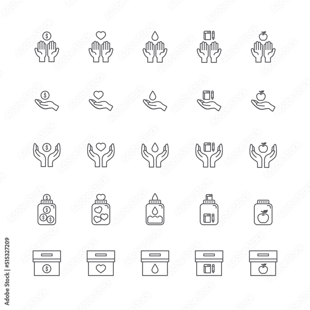 Donate and Charity line icons set.Helping hand, Volunteer help, Heart donations and Care box. design vector Donate and Charity line icons set.Helping hand, Volunteer help, Heart donations and Care box. design vector