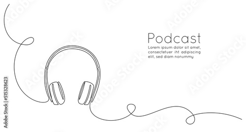 Continuous one line drawing of headphones speaker for podcast web banner. Music gadget and earphones devices in simple linear style. Editable stroke. Doodle vector illustration