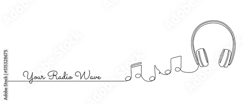Continuous one line drawing of headphones speaker with notes. Music gadget and earphones devices in simple linear style. Editable stroke. Doodle vector illustration