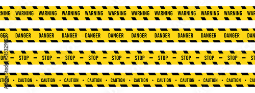 Caution, safety tape. Yellow, black stripe danger tape for atterntion, hazard ribbon. Police, construction area sign banner, barrier symbol. Vector illustration. © Polina Tomtosova