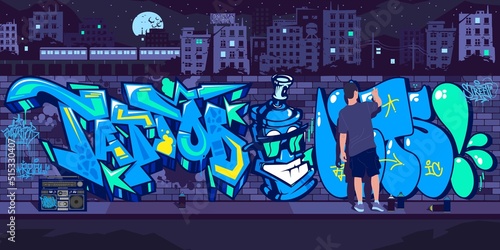 Dark Urban Graffiti Wall With Street Artist Painting Graffiti Drawings At Night Against The Background Of The Cityscape Vector Illustration