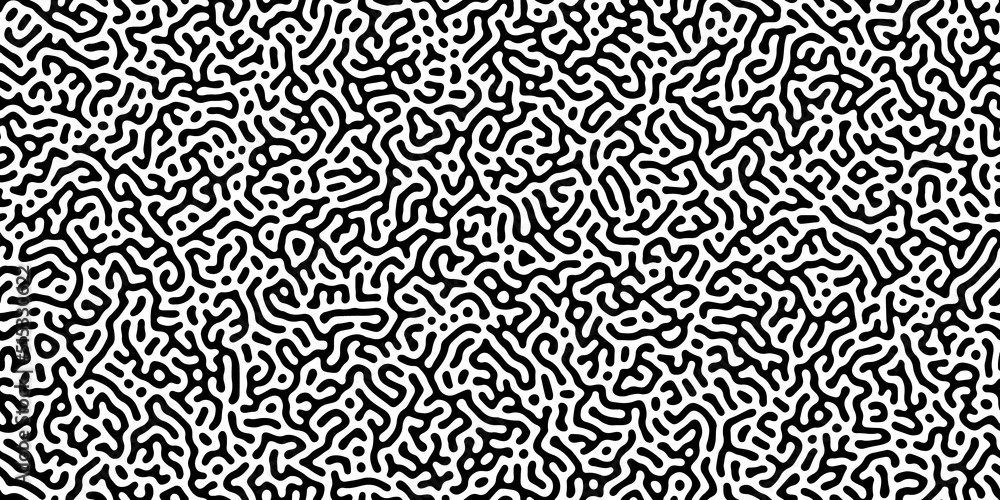 Turing reaction diffusion monochrome seamless pattern with chaotic motion. Natural background with organic structures. Vector illustration of chemical morphogenesis concept. Curvy doodle labyrinth