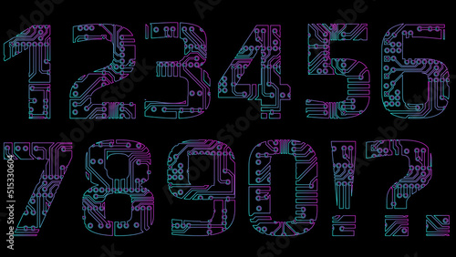 Contour set of digits in digital style perforated with PCB circuit board tracks isolated on black background. Outline digits for modern digital world in purple and cyan colors. Design element.