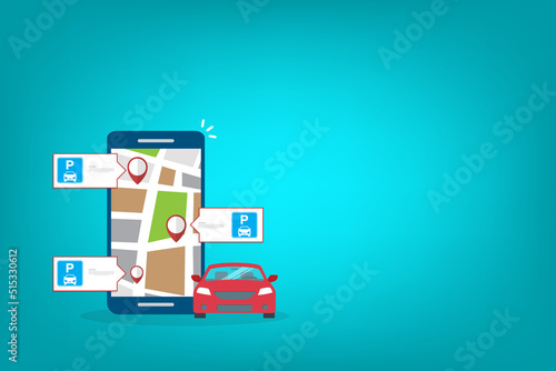 Online application for finding parking spaces, city parking. Smart city parking mobile app concept. Urban traffic technology, vector illustration.