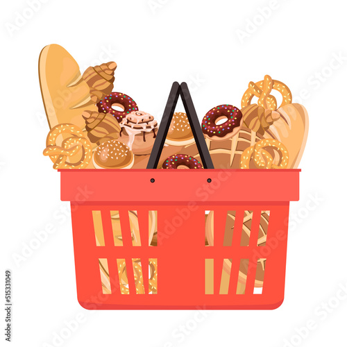 Grocery red basket with pastries bread,croissant,donut,loaf,pretzel,sesame and cinnamon bun,isolated on a white background.Vector illustration of confectionery products for bakery and store designs.