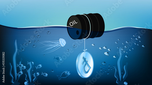 Sinking russian ruble coin is tied to floating barrel of oil in the ocean with fish. The metaphorical sinking ruble RUB remains afloat due to oil.