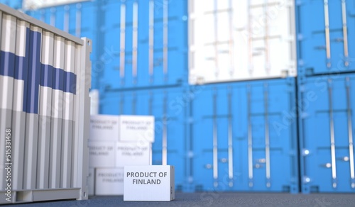 PRODUCT OF FINLAND text on the cardboard box and cargo terminal full of containers. 3D rendering