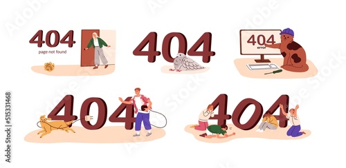 404 error, designs for not found web-page on website. Failure, problem message for site. Access failed with cute funny pets, people. Flat graphic vector illustrations isolated on white background