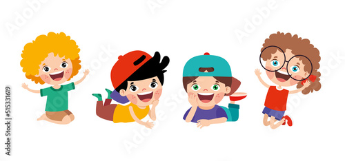 Happy Cartoon Children Characters Sitting