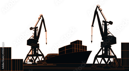 Silhouette commercial port with container ship at the pier and cargo cranes isolated on white background.