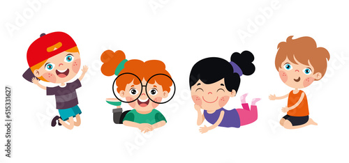 Happy Cartoon Children Characters Sitting