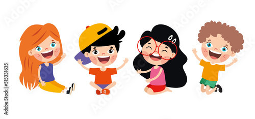 Happy Cartoon Children Characters Sitting