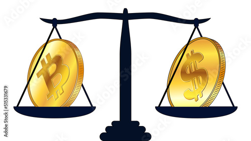 Gold coin of Bitcoin BTC and american dollar USD on scales isolated on white background. Laws on digital assets CBDC.