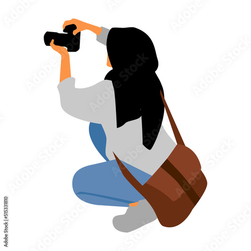 Simple Vector Sitting Islam Woman Photographer Take a Photo Using DSLR or Mirrorless