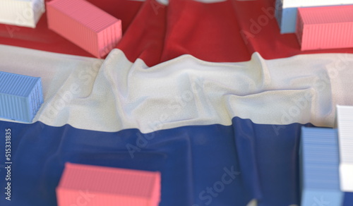 Shipping containers and flag of the Netherlands, production or cargo delivery related 3D rendering