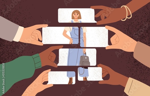 People sharing positive opinions, good comments about woman. Girl happy with feedback. Followers, fans admire, likes love and respect female. Public recognition concept. Flat vector illustration