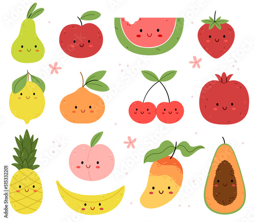 Fototapeta Naklejka Na Ścianę i Meble -  Set of summer Funny Fruits and berries characters.Children's illustration. Apple, orange, watermelon, strawberry, pear, papaya, banana, lemon, pineapple. summer flowers.