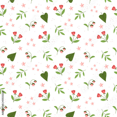 Seamless floral pattern with small pink flowers and leaves on a white background.Colorful flat vector illustration. Repeating texture design.