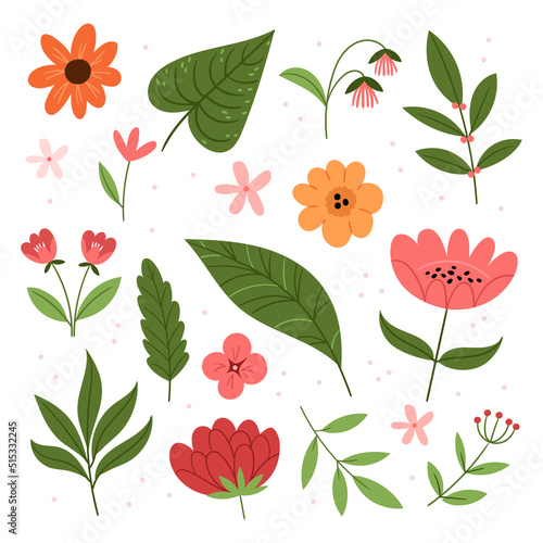 Wallpaper Mural Set of summer flowers and tropical leaves. Summer mood. Exotic plants. Cute style. Torontodigital.ca