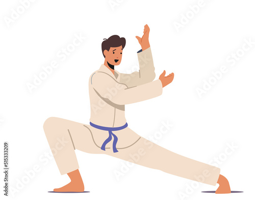 Young Man Karateka Wearing Kimono Uniform and Blue Belt Presenting Karate Fight. Sportsman Character Fighting Combat