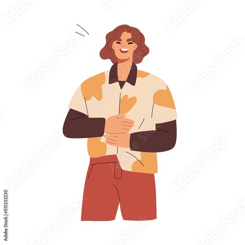 Loud laughter of happy emotional man, grabbing belly. Person bursts out laughing after fun, joke. Guy with positive face expression, reaction. Flat vector illustration isolated on white background