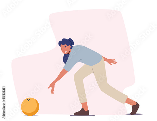 Female Character Playing Bowling, Throw Ball to Hit Pins. Leisure, Active Lifestyle, Woman Spend Time in Bowling Club