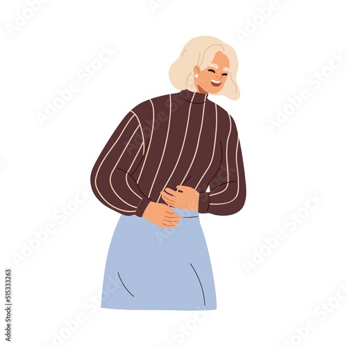 Emotional woman laughing out loud, grabbing stomach. Persons laughter and hands on belly, reaction on fun, joke. Happy positive face expression. Flat vector illustration isolated on white background