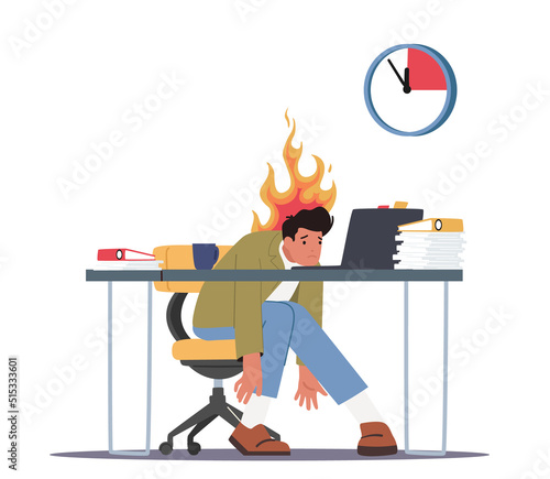 Overloaded Worker Deadline Stress Concept. Burned Down Businessman in Depression Sitting at Office Desk with Papers Heap