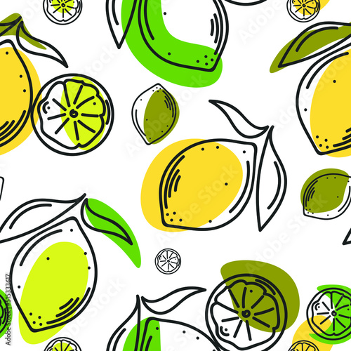 Seamless vector pattern with lemon and lime. Hand drawn doodle outline black with green and yellow elements added. Botanical print on fabric
fabric, wrapping paper, banner, menu design. Citrus harvest