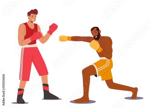 Two Athletic Men Wear Gloves Boxing on Sports Ring. Couple of Male Characters Sportsmen Boxers Punching and Attacking