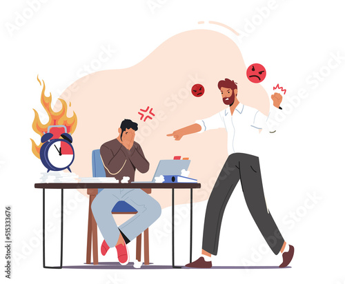 Deadline Situation in Office. Angry Furious Boss Character Yelling at Office Employee. Worker Sitting at Desk Hides Face