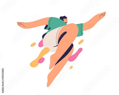 Freedom, inspiration, aspiration concept. Young man jumping up, moving forward with enthusiasm, aspiring, flying. Inspired creative free person. Flat vector illustration isolated on white background