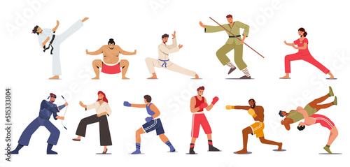 Set Martial Arts, Sport Competition, Characters Presenting Different Fighting Karate, Sumo, Bojutsu, Boxing or Wrestling © Hanna Syvak