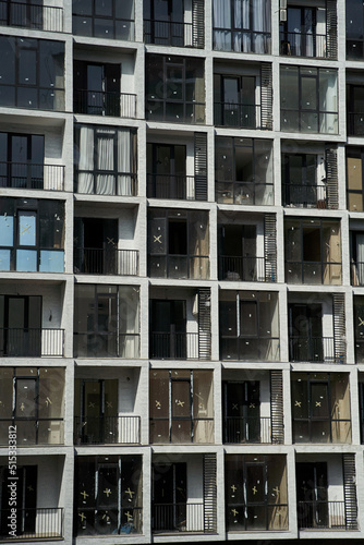 Balconies with panoramic windows of an apartment building close up. High quality photo