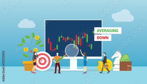 averaging down stock concept with team people working on stocks market graph and chart with modern flat style