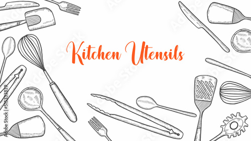 kitchen utensils set collection with hand drawn sketch for background banner template poster