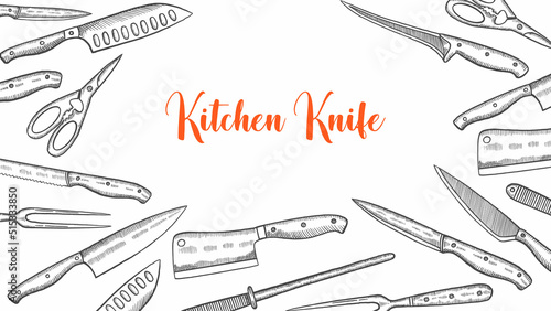 kitchen knife set collection with hand drawn sketch for background banner template poster