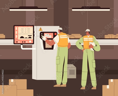 Engineers workers controlling factory work, conveyor belt with computer. Smart industry, industrial technology concept. People supervisors monitoring machines, equipment. Flat vector illustration