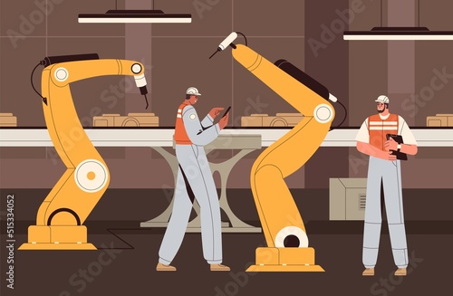 Smart industry with conveyor belt and robots controlled by people. High-tech machines, equipment work under workers supervision. Automated manufacturing assembly line. Flat vector illustration