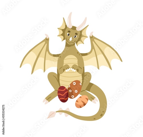Cute fairy dragon sitting with eggs. Happy fairytale mother character. Fantas...