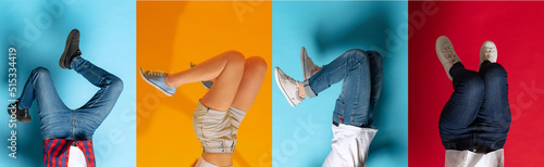 Fotografia Collage with dancing, moving legs wearing shoes, sneakers, trainers isolated over bright multicolored background in neon