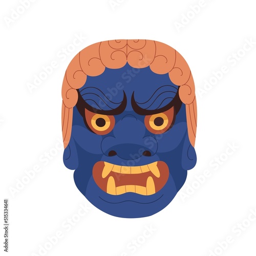 Kiba Fudo, Japan noh mask. Angry Japanese Kabuki theater face with teeth. Tra...
