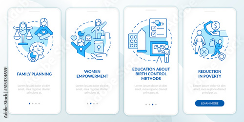 Solutions to overpopulation blue onboarding mobile app screen. Walkthrough 4 steps editable graphic instructions with linear concepts. UI, UX, GUI template. Myriad Pro-Bold, Regular fonts used photo