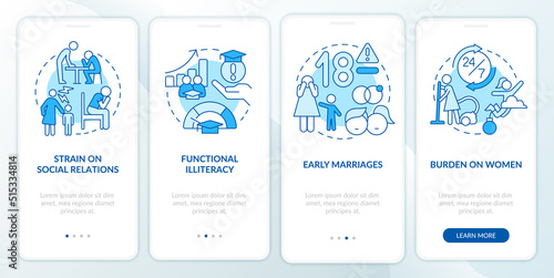 Social effects of overcrowding blue onboarding mobile app screen. Walkthrough 4 steps editable graphic instructions with linear concepts. UI, UX, GUI template. Myriad Pro-Bold, Regular fonts used