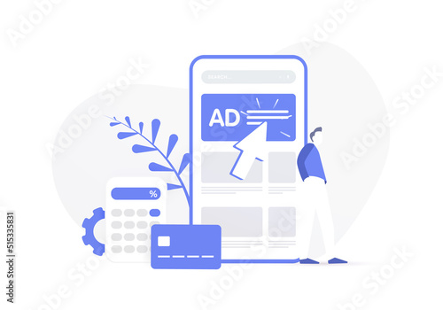 Mobile Advertising and digital marketing concept. Social media sponsored content. A character in blue and white is standing next to mobile phone with an ad, next to the icon of calculator, bank card