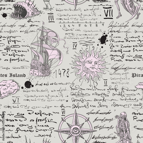 Vector image of a seamless texture in the style of a medieval nautical record of the captain's diary engraving sketch	