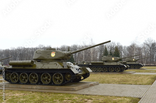 Soviet T-34 medium tanks in the State Military History Museum-Reserve "Prokhorov Field"