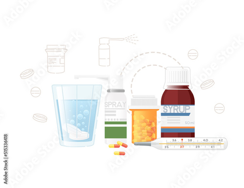 Set of three transparent glass cup with water and soluble medical tablet vector illustration isolated on white background